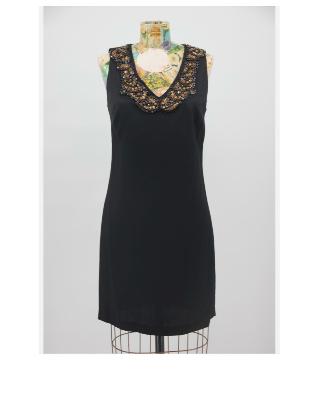 ABS Collection Black & Gold Beaded Collar V-Neck Sheath Dress Sz.10